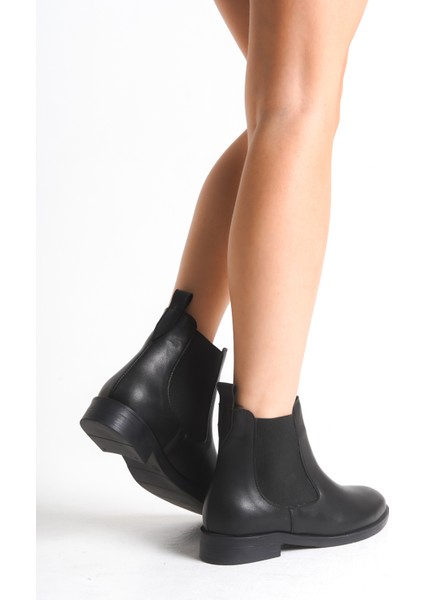 Siyah Deri Kısa Kadın Bot Lastikli Kalın Tabanlı Su Geçirmez Pery fırsatları