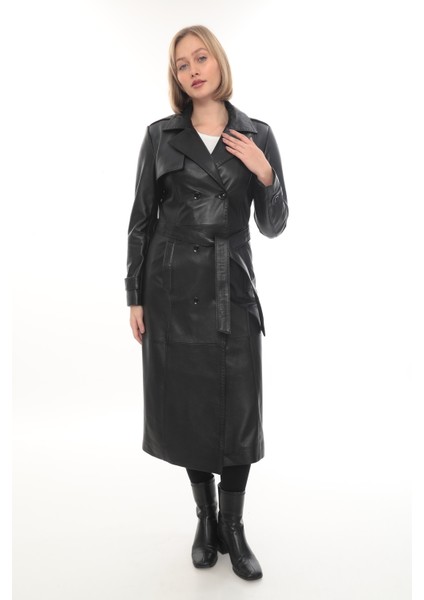 Hakiki Deri Uzun Kadın Trençkot - Siyah Kemerli Şık Model