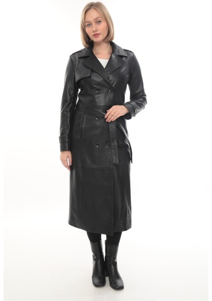 Hakiki Deri Uzun Kadın Trençkot - Siyah Kemerli Şık Model fiyatları