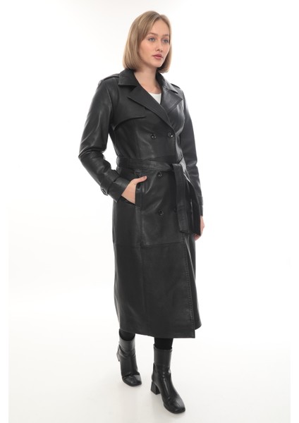Hakiki Deri Uzun Kadın Trençkot - Siyah Kemerli Şık Model modelleri