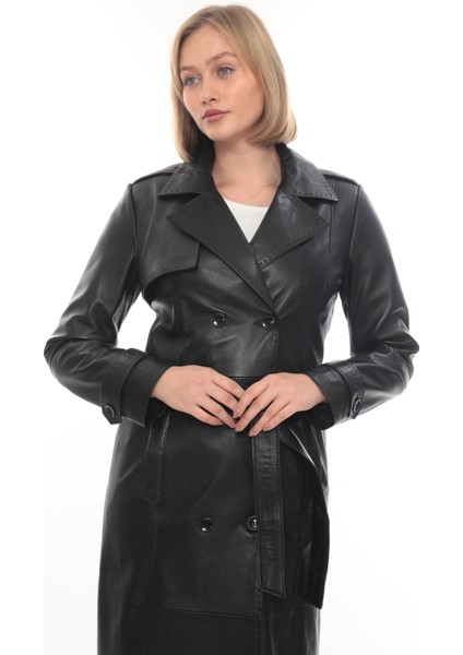 Hakiki Deri Uzun Kadın Trençkot - Siyah Kemerli Şık Model fırsatları