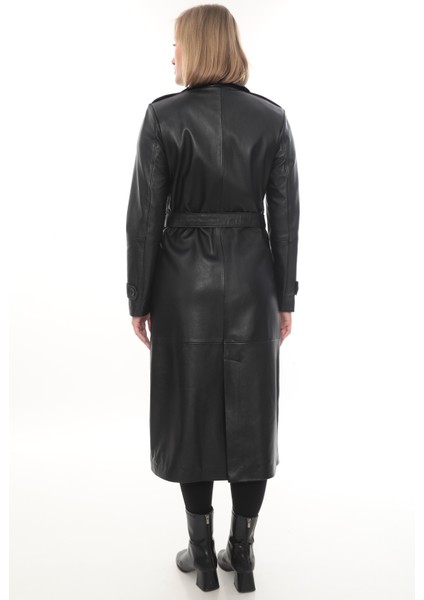 Hakiki Deri Uzun Kadın Trençkot - Siyah Kemerli Şık Model indirimleri