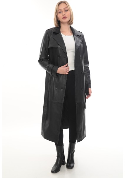 Hakiki Deri Uzun Kadın Trençkot - Siyah Kemerli Şık Model