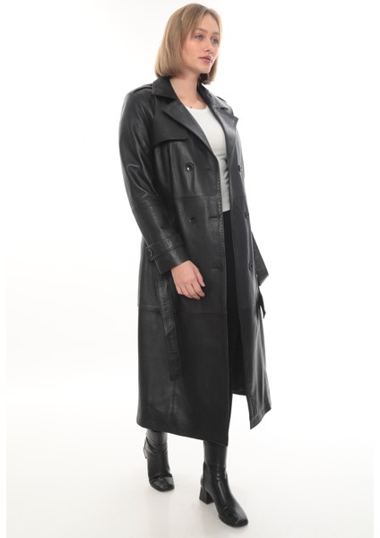 Hakiki Deri Uzun Kadın Trençkot - Siyah Kemerli Şık Model