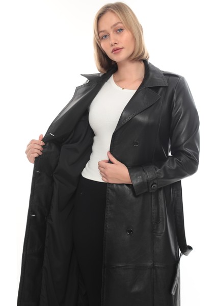 Hakiki Deri Uzun Kadın Trençkot - Siyah Kemerli Şık Model