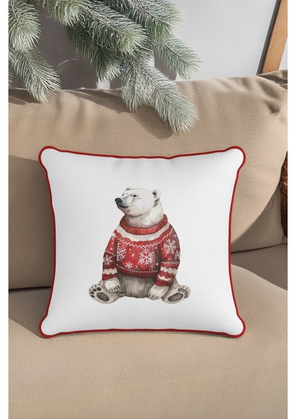 Kutup Ayısı Desenli Kırmızı Biyeli Dekoratif Kırlent Kılıfı 45X45