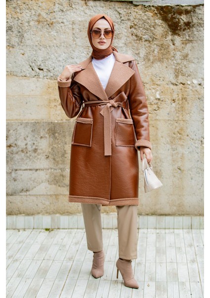 Yün Kaplamalı Deri Kaban-Kahve