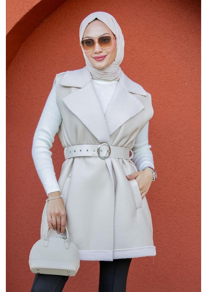 Deri Yün Sıvamalı Kemerli Yelek-Bej