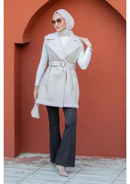 Deri Yün Sıvamalı Kemerli Yelek-Bej fiyatları