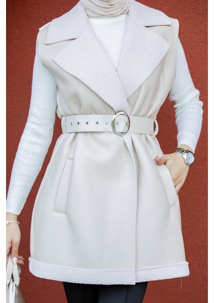 Deri Yün Sıvamalı Kemerli Yelek-Bej modelleri