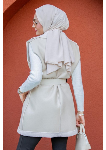 Deri Yün Sıvamalı Kemerli Yelek-Bej indirimleri