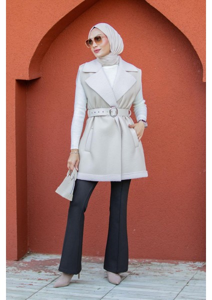 Deri Yün Sıvamalı Kemerli Yelek-Bej