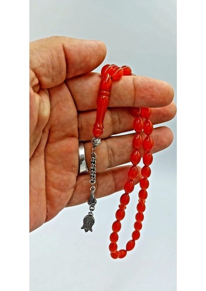 Turuncu Arpa Kesim Alpaka Püskül Kehribar Tespih (Ahşap Kutulu)