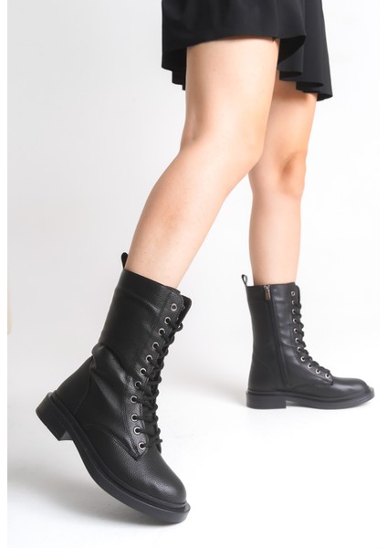 Siyah Deri Kadın Bot Postal Yanna Bağcıklı Içten Fermuarlı Kalın Tabanlı Su Geçirmez modelleri