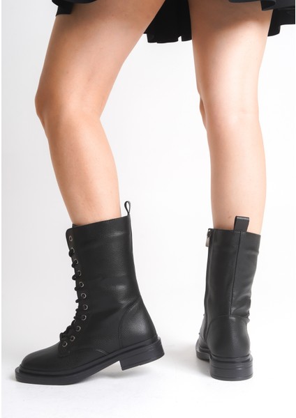 Siyah Deri Kadın Bot Postal Yanna Bağcıklı Içten Fermuarlı Kalın Tabanlı Su Geçirmez fırsatları