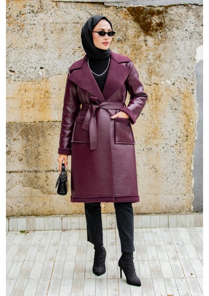 Yün Kaplamalı Deri Kaban-Bordo