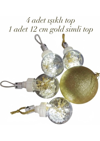 Parlak Gold Yılbaşı Top Seti, 5'li Işıklı Dekorasyon Hediye modelleri