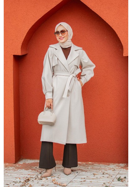 Olly Pileli Balon Kol Astarlı Kaşe Kaban-Bej