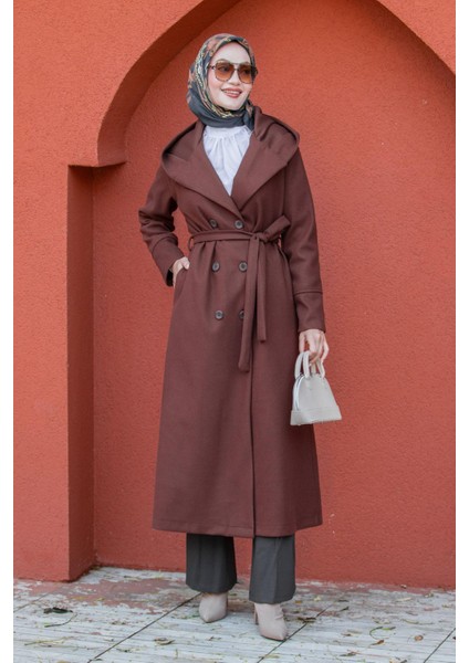 Note Astarlı Kapüşonlu Uzun Boy Kaban-Kahve