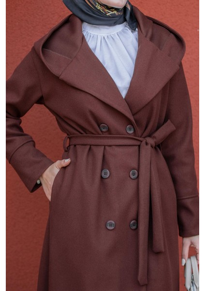 Note Astarlı Kapüşonlu Uzun Boy Kaban-Kahve fırsatları