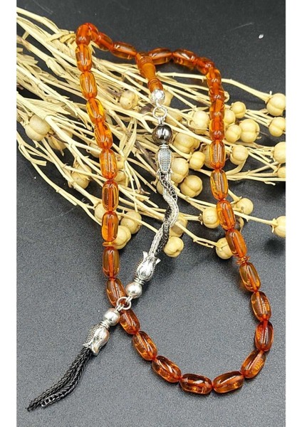 Turuncu Şeffaf Alpaka Püskül Ateş Kehribar Tespih (Ahşap Kutulu)