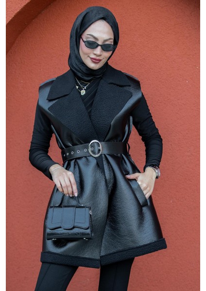 Deri Yün Sıvamalı Kemerli Yelek-Siyah