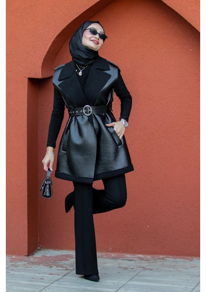 Deri Yün Sıvamalı Kemerli Yelek-Siyah fiyatları