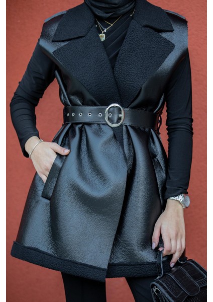 Deri Yün Sıvamalı Kemerli Yelek-Siyah modelleri