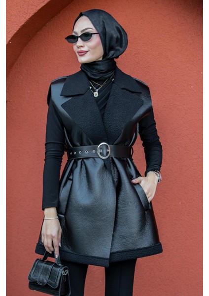 Deri Yün Sıvamalı Kemerli Yelek-Siyah fırsatları