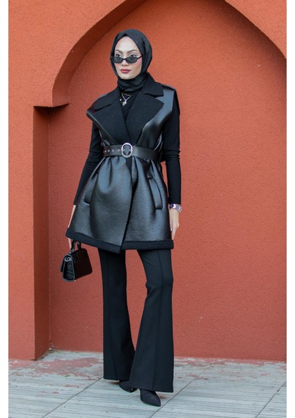 Deri Yün Sıvamalı Kemerli Yelek-Siyah