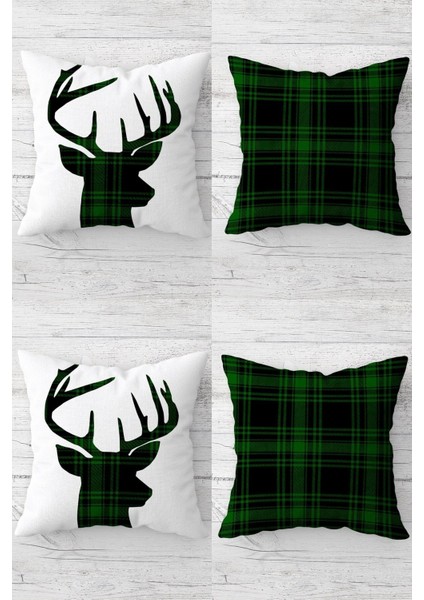 Yeşil Noel Geyik Gizli Fermuarlı Kırlent Kılıfı Takımı (4 Adet)