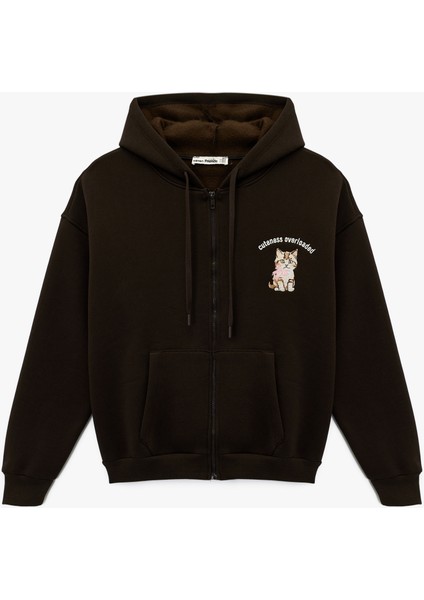 Kapüşonlu Fermuarlı Arkası Kedi Baskılı Kanguru Cepli Oversize Sweatshirt