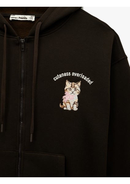 Kapüşonlu Fermuarlı Arkası Kedi Baskılı Kanguru Cepli Oversize Sweatshirt modelleri