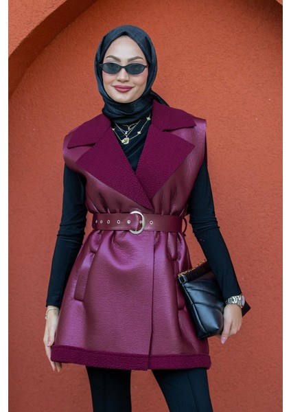 Deri Yün Sıvamalı Kemerli Yelek-Bordo