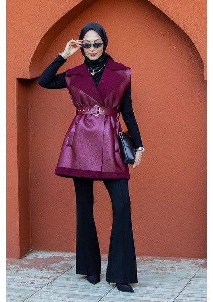 Deri Yün Sıvamalı Kemerli Yelek-Bordo fiyatları