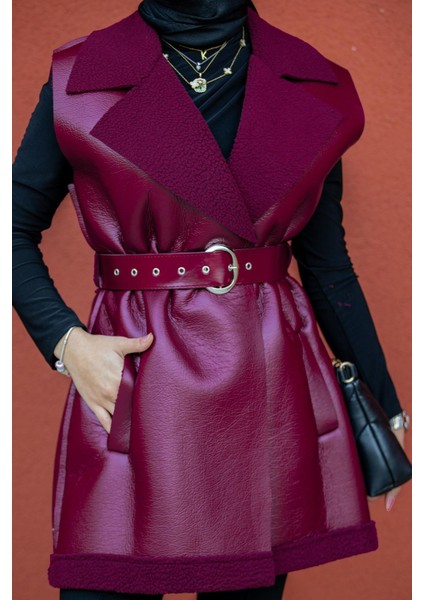 Deri Yün Sıvamalı Kemerli Yelek-Bordo modelleri