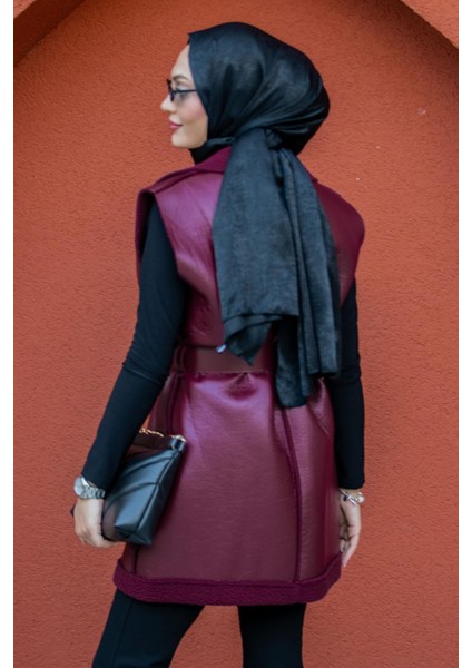 Deri Yün Sıvamalı Kemerli Yelek-Bordo fırsatları