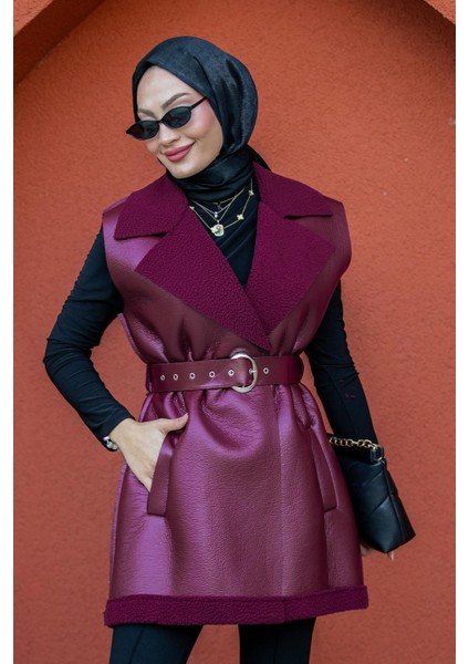 Deri Yün Sıvamalı Kemerli Yelek-Bordo indirimleri