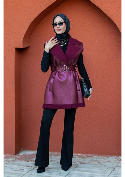 Deri Yün Sıvamalı Kemerli Yelek-Bordo