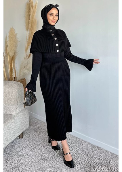 Pelerinli Pileli Tesettür Triko Elbise P-00019220