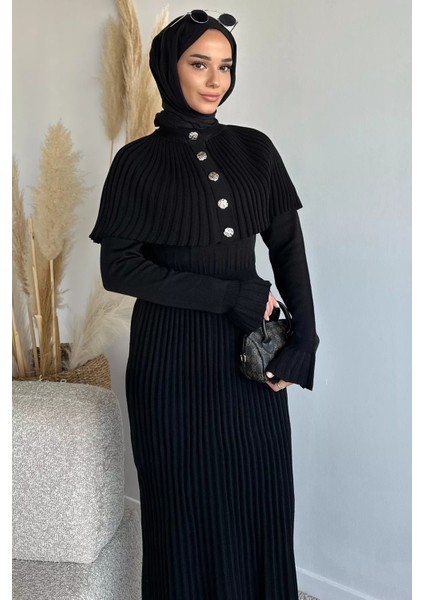 Pelerinli Pileli Tesettür Triko Elbise P-00019220 fiyatları