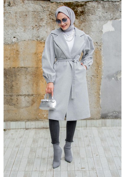 Balon Kol Astarsız Yün Kaşe Kaban-Gri