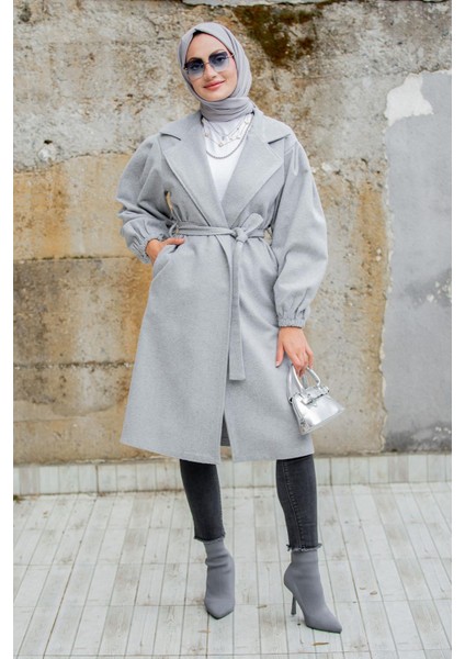 Balon Kol Astarsız Yün Kaşe Kaban-Gri fırsatları