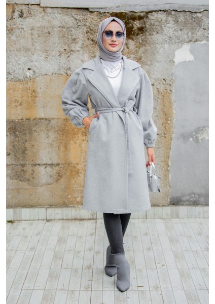 Balon Kol Astarsız Yün Kaşe Kaban-Gri indirimleri