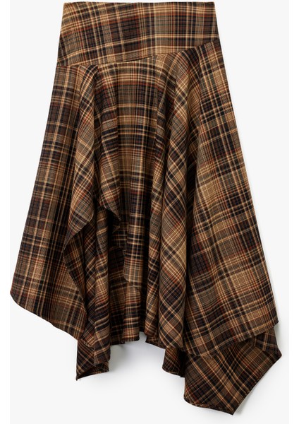 Asimetrik Kesim Kloş Midi Ekose Etek