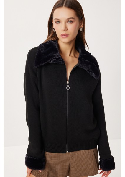 Suni Kürk Detaylı Triko Hırka LİY0007 Siyah