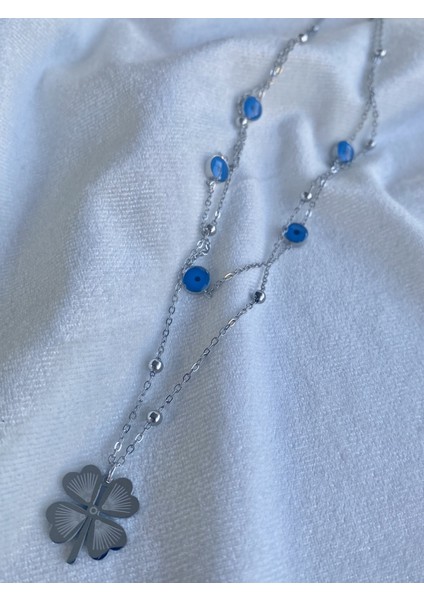 Gümüş Renk Nazar Boncuğu Yonca Çelik Kolye