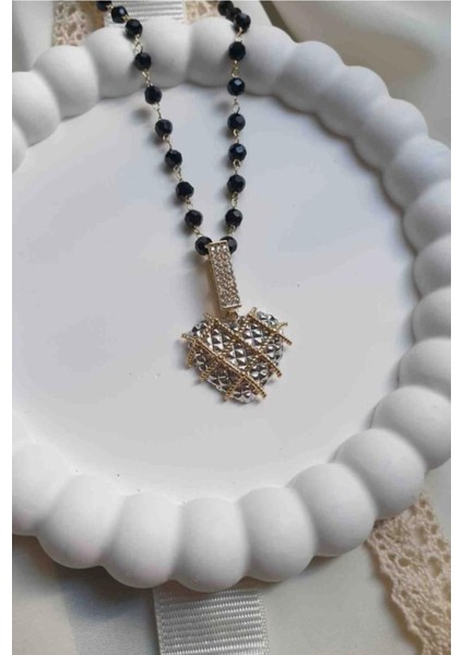 316L Çelik Zincir Kristal Boncuklu Kalpli Kadın Kolye