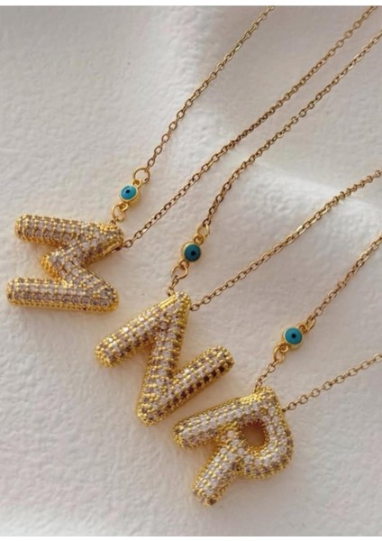 Çift Taraflı Kullanılabilen Çelik Gold Taşlı Balon Harf Kolye ( R Harfi )