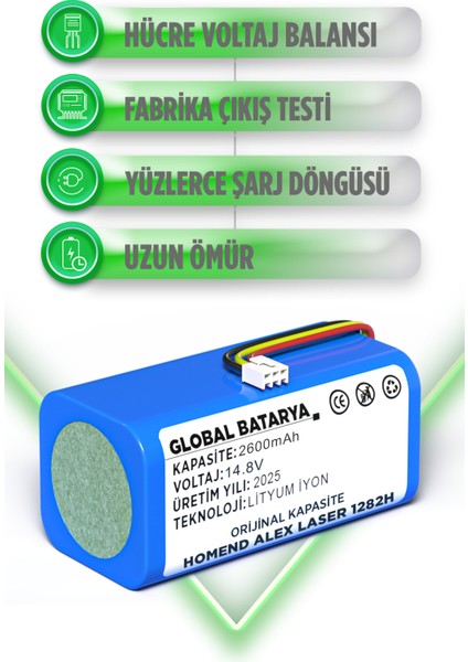 Homend Alex Laser 1282H Akıllı Robot Süpürge Bataryası 14.4V 2600mAh Li-Ion Pil (Orijinal Kapasite) modelleri